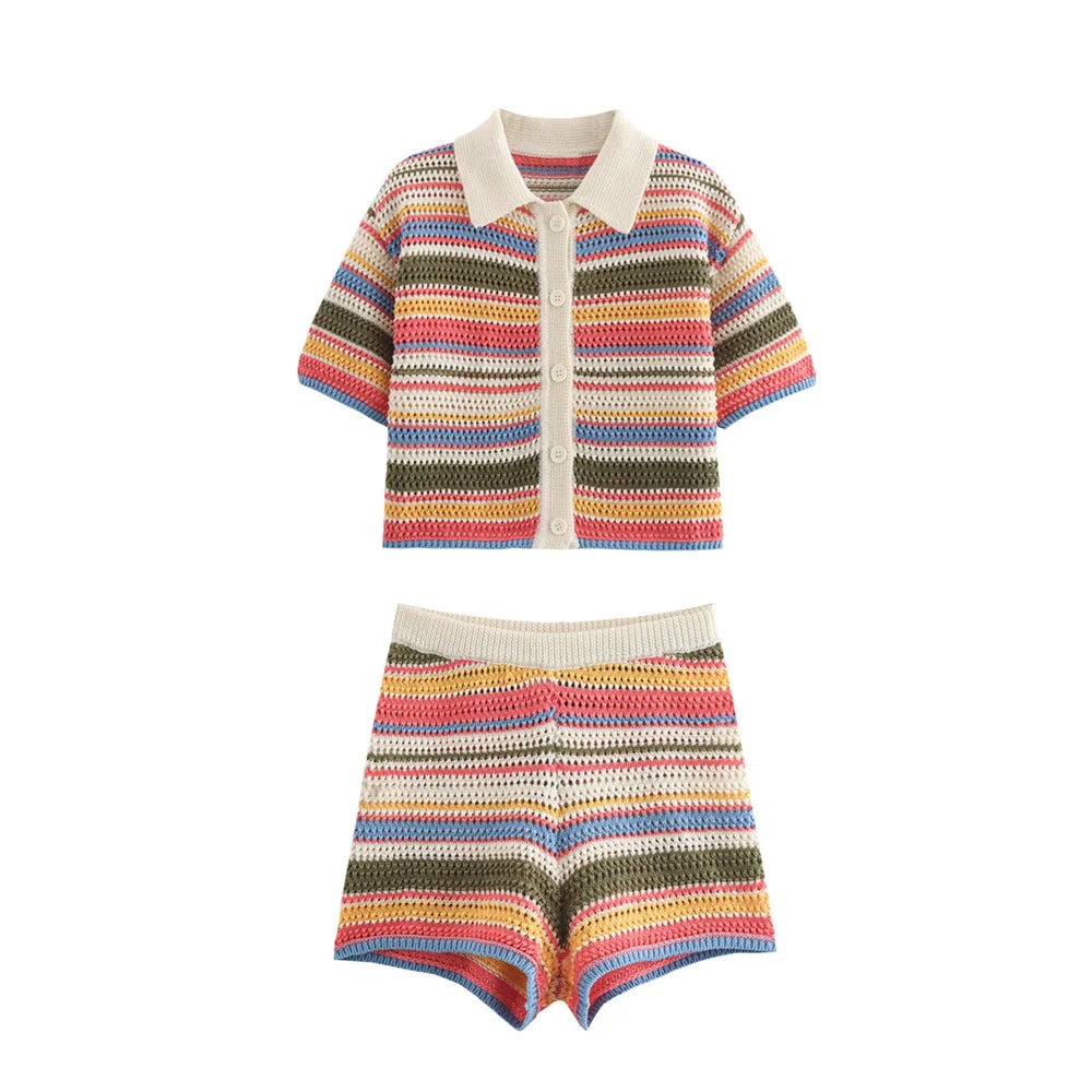 2024 Autumn European And American New Women's Fashion Casual Stripe Printed Short Sleeve Flip Collar Cardigan Casual Shorts Set