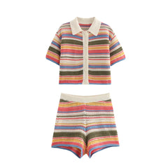 2024 Autumn European And American New Women's Fashion Casual Stripe Printed Short Sleeve Flip Collar Cardigan Casual Shorts Set