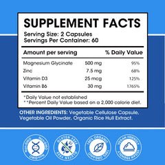 Magnesium Glycinate 500mg Capsules High Absorption with Zinc,Vitamin D3 B6 Support Dietery Supplement Stress & Anxiety Relief