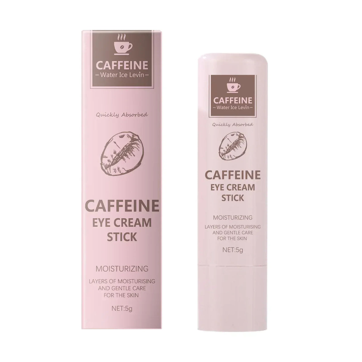 Caffeine eye cream stick tube and side box, pink, NET 5g shown.