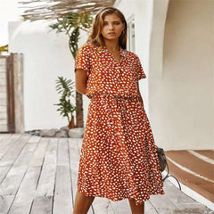 Polka Dot Short Sleeved Dress shirt Collar  Dress European and American Fashion Dress