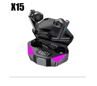Wireless TWS earbuds charging case, black with earbuds open and pink light accents
