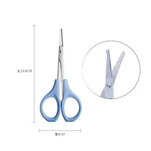 Facial hair trimming scissors with light blue finger loops and pointed blades