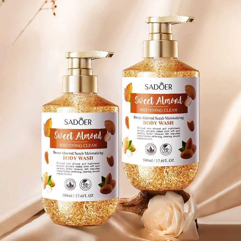 500ml SADOER Sweet Almond Oil Body Wash Exfoliate Whitening Moisturizing Replenish & Cleanse Sweet Almond Scrub Shower Bath Gel