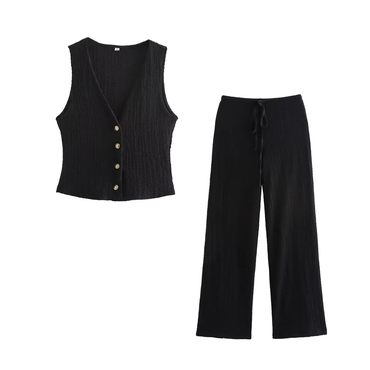 EDSA Women 2 Pcs Set V-Neck Single Breasted Solid Texture Casual Vest Top+High-Waisted Drawstring Wide Leg Pants