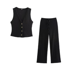 EDSA Women 2 Pcs Set V-Neck Single Breasted Solid Texture Casual Vest Top+High-Waisted Drawstring Wide Leg Pants