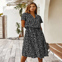 Polka Dot Short Sleeved Dress shirt Collar  Dress European and American Fashion Dress