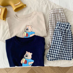 Cartoon Pattern Children Short Sleeved Suit T-shirt Outfits Summer Clothing Loose Fashion Casual Two Piece Set Plaid Shorts Set
