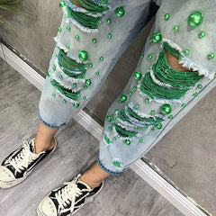 High Waist Skinny Jeans Women's Thin Denim Pants Bell Bot Casual Loose Fit Nine-Tenths Length Hole Design Harlan Sle