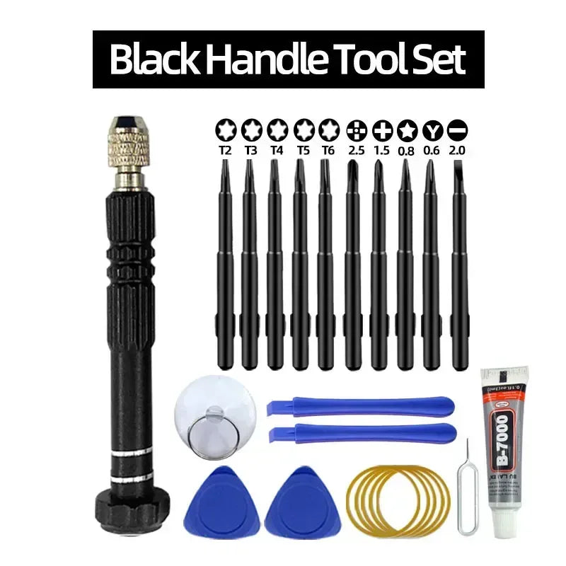 Black handle tool set with screwdriver bits, blue pry tools, and gold repair coil