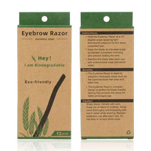 Eyebrow razor box with instructions panel and 12-pack of speckled wheat-straw razors