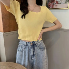 Slim Fit ort Sve Ice Silk Knitted irt Women's Faion Spring Summer Thin Sle Square Collar Princ Sve Top