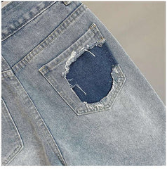High Waist Loose Fit  Diamond Embellied Denim Five-Point Pants Summer New Sle Women's Trendy Hole Punch Jeans