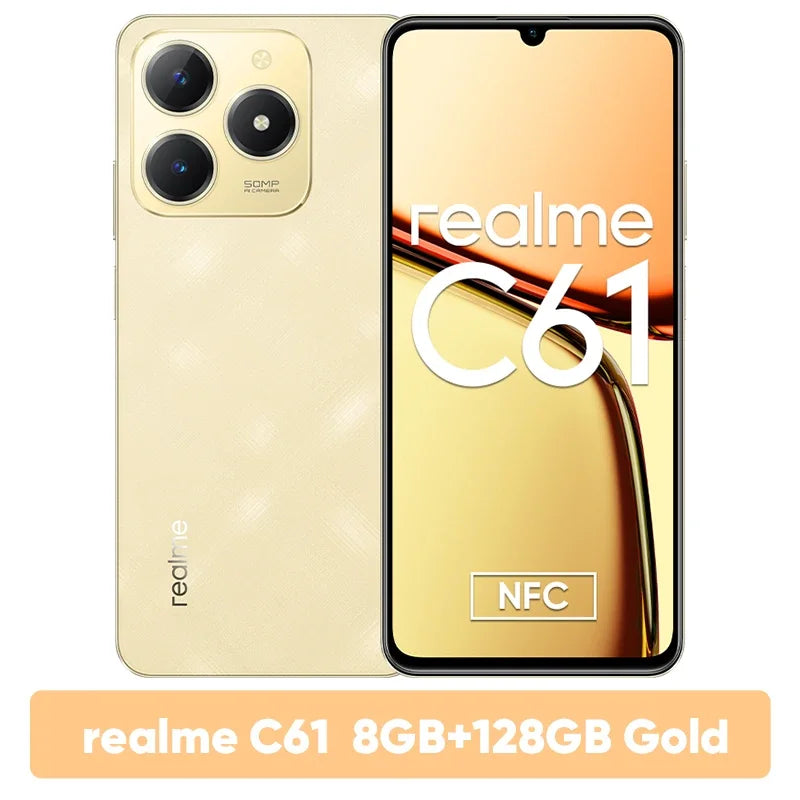 هاتف realme C61 الذكي بطارية 5000 مللي أمبير/ساعة شحن فائق السرعة 15 وات كاميرا 50 ميجابكسل AI شاشة 90 هرتز محرك AI IP54 256 جيجابايت NFC