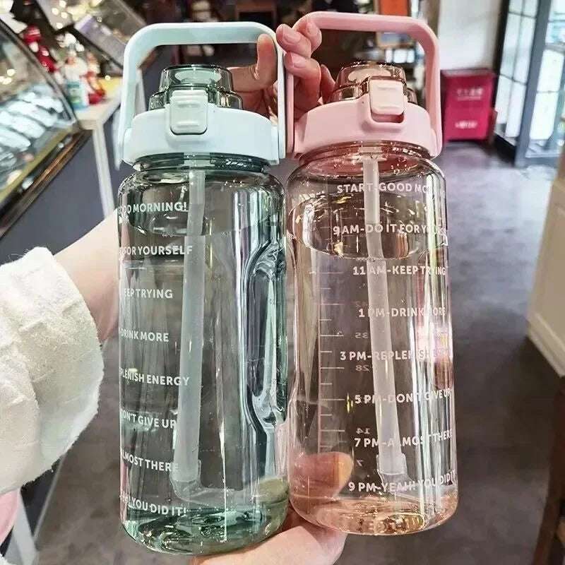 2L Water Bottle Portable Straw Plastic Water Cup for Outdoor Sports Fitness Adult High Value Big Fat Cup with Time Marker