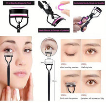 Eyelash curler with pink silicone pad and ergonomic handle, shown on eye close-ups