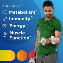 Centrum Men multivitamin bottle with “Supports” icons beside man holding dumbbells