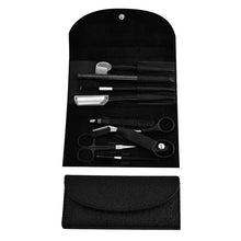 Black eyebrow tool case with tools neatly arranged inside