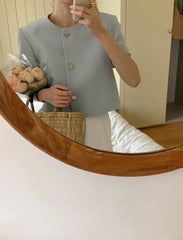 Chic Korean Sle round Ne Metal Single Button Loose ort Sve Outerwear for Women Summer Faion Commute Pure Color