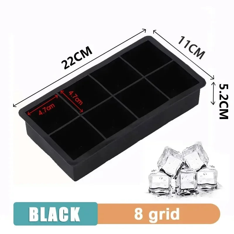 Black silicone ice cube tray mold with 8 grid sections and rectangular cavity layout
