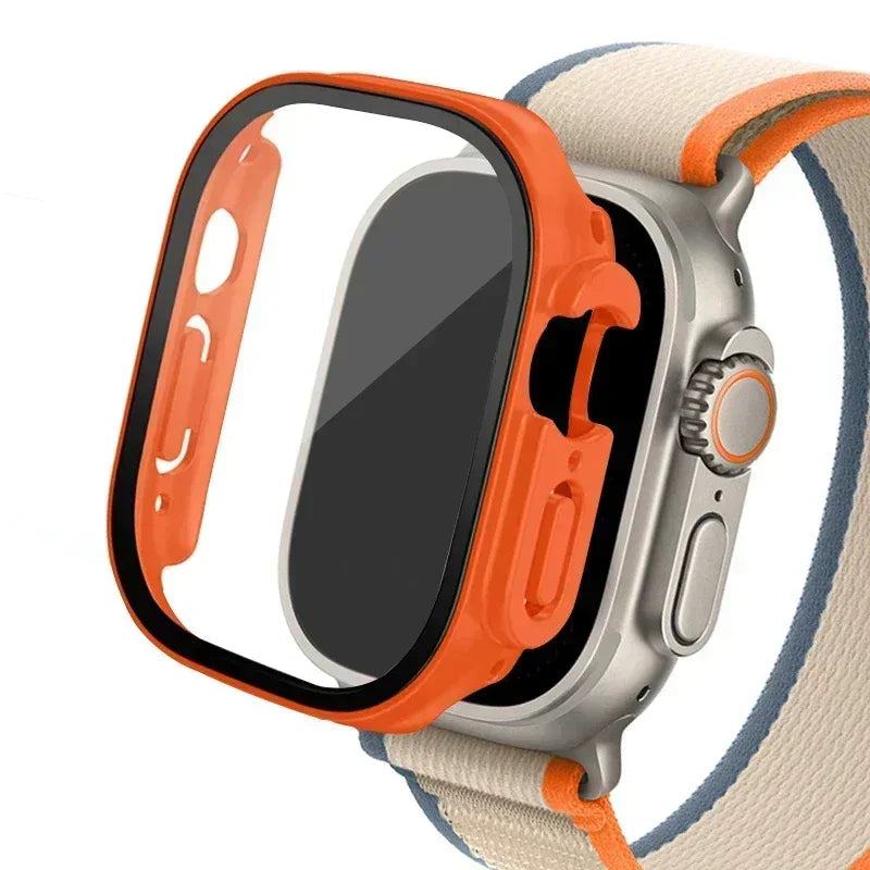 Apple Watch Ultra case with tempered glass screen protector, orange bumper