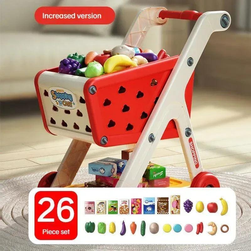 Kids shopping cart toy with red bin, white frame, and assorted colorful fruit pieces