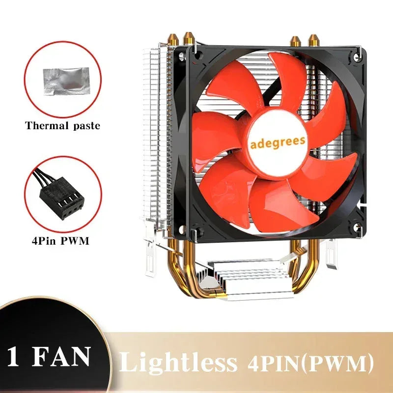 CPU air cooler with black heatsink and red LED 4-pin PWM fan, copper heatpipes