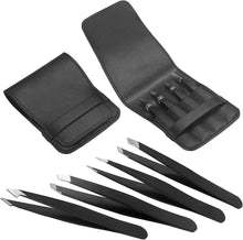 Two black tweezers cases with four black-handled stainless tools and silver tips