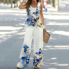 Casual High Street Fashion T-Shirt Straight Leg Pants Suit Women's Printed Sleeveless Vest Loose Pants Simple Summer Set Clothes