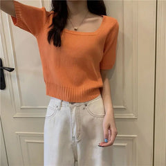 Slim Fit ort Sve Ice Silk Knitted irt Women's Faion Spring Summer Thin Sle Square Collar Princ Sve Top