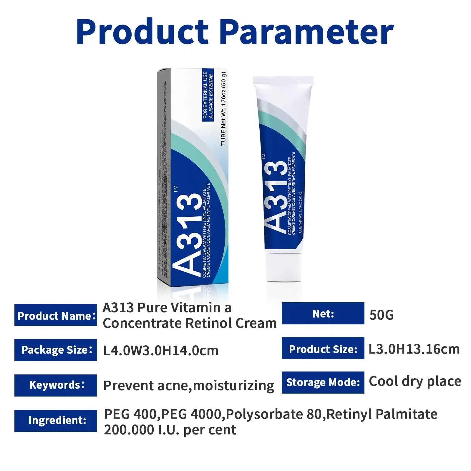 A313 Pure Vitamin A Retinol Cream 50g - Anti-Aging, Moisturizing, Acne Prevention with 200,000 IU Retinyl Palmitate for Face & D