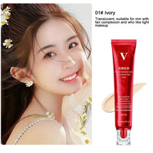 Red liquid foundation tube with ivory skin-toned cream swatch and model face