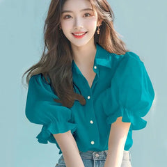 Ele Yellow Bubble Sve irt Thin Top Women's Faion Summer New Unique Beautiful High-End Feel Loose Fit  Collar