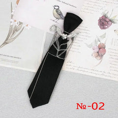 Hand Made Black Ribbon Tie Crystal Rhinestone Jewelry Men Shirts Hot New Girl Boys Collar Neck Ties School Uniform Women Necktie