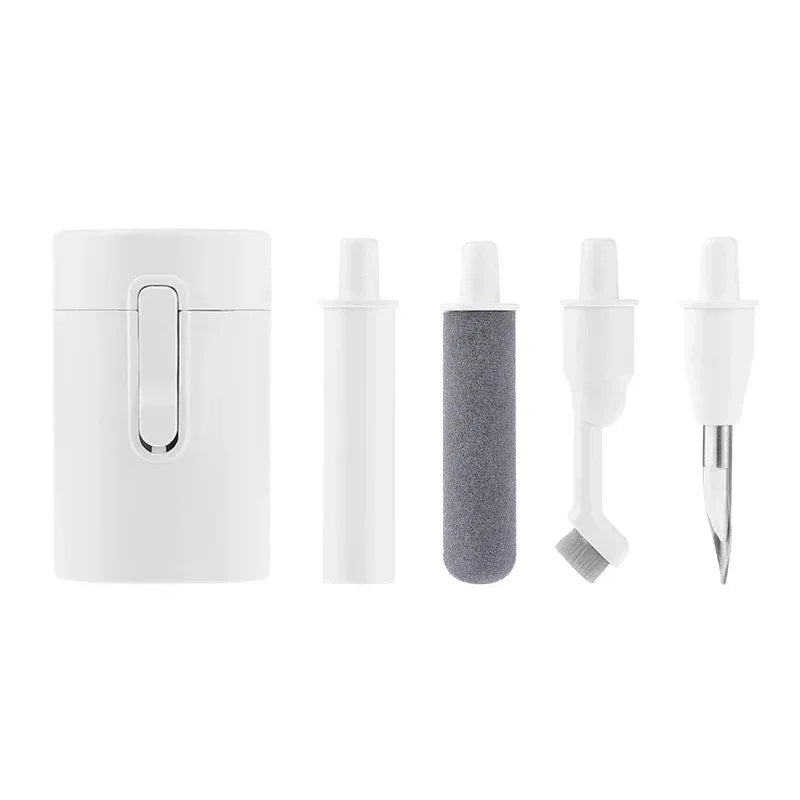 White multi-tool device cleaning kit with case, foam roller, brush and pointed tool