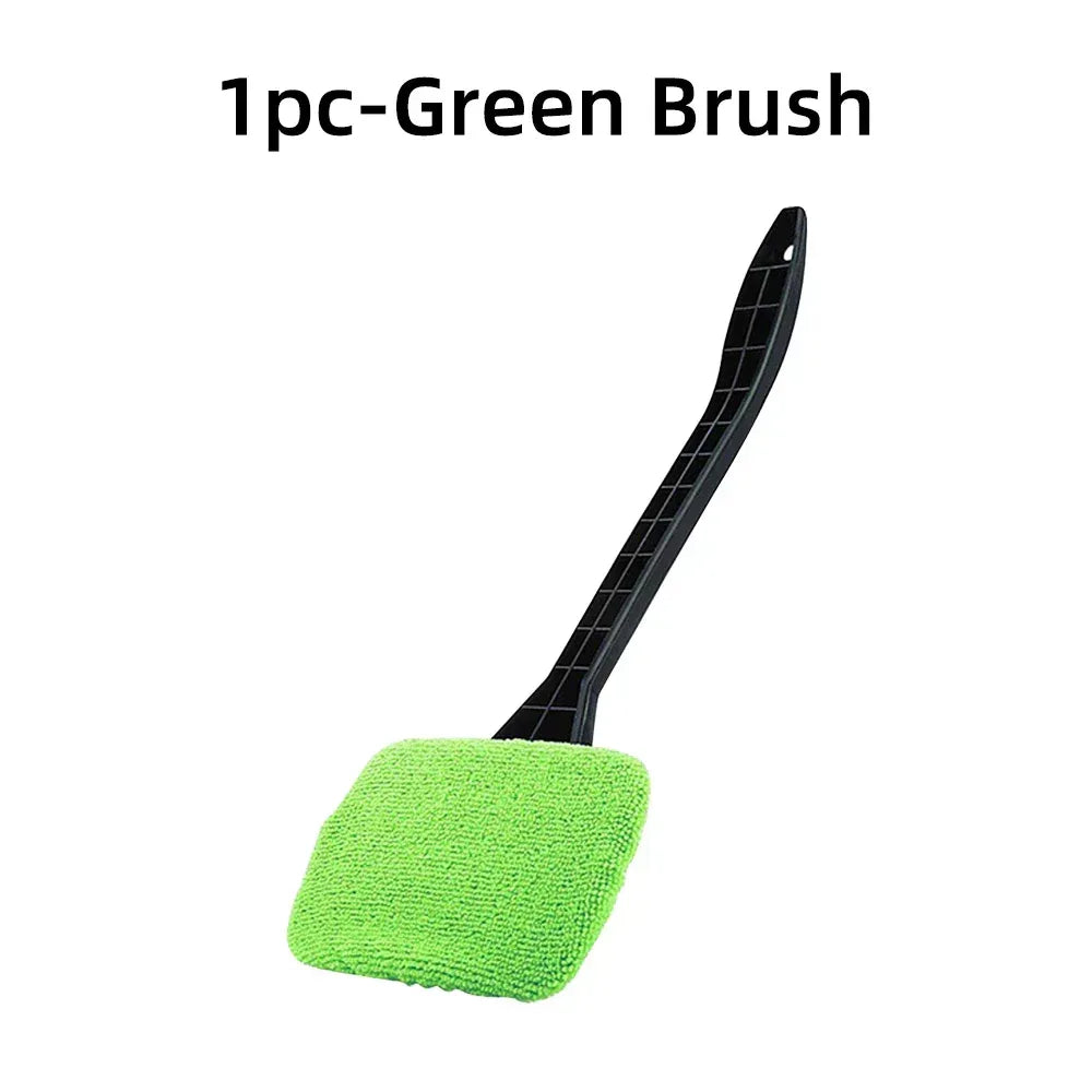 Green microfiber brush head with long black handle for window cleaning