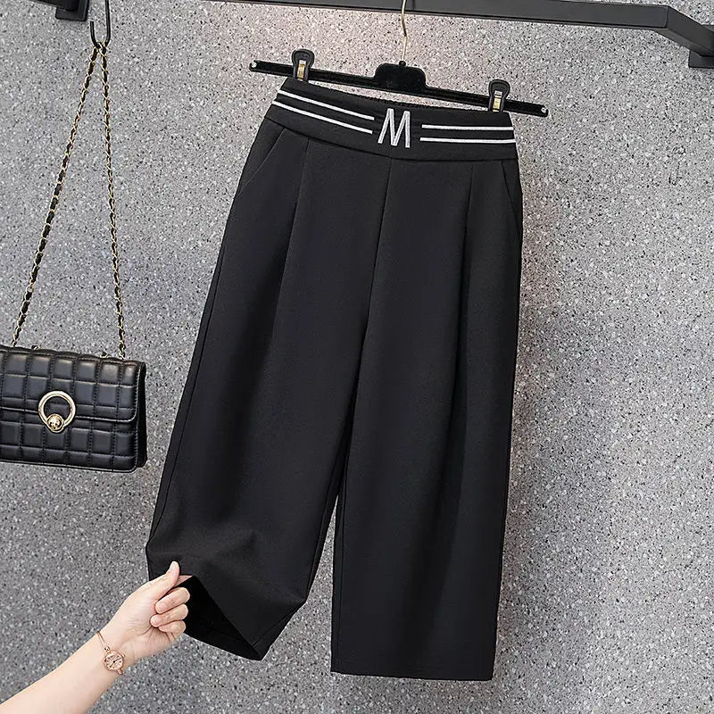 High Waist Straight Leg Elastic Women's Seven-Foot Pants Casual Outdoor Wear Summer Slimming Spor Wide Leg orts