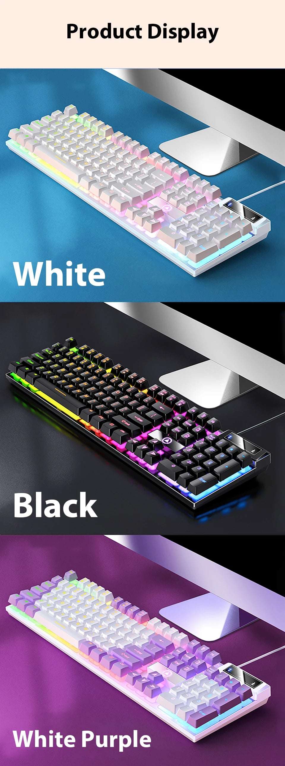 K500 Keyboard Mixed Color White Pink Keycaps 104 Keys Wired Gaming Keyboard for Laptop PC