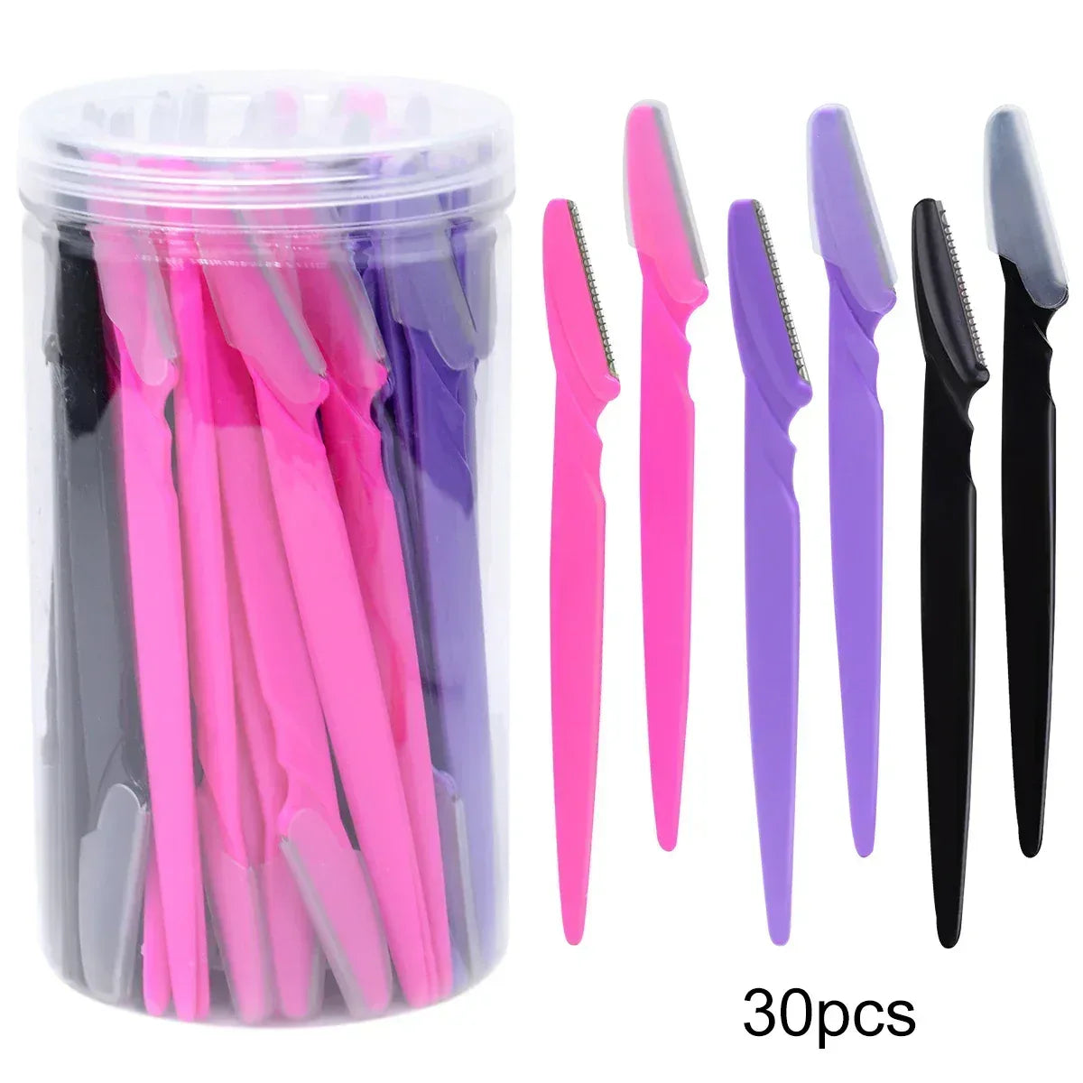 Eyebrow razor set in clear container, pink, purple, and black trimmers; 30pcs