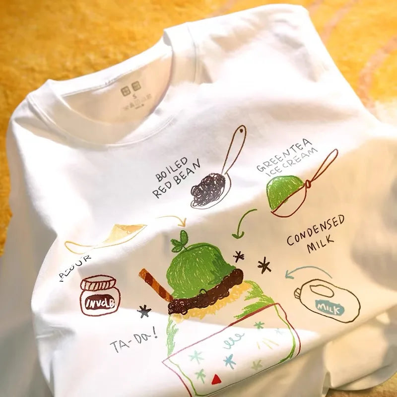 Cartoon White Pure Cotton ort Sve T-irt Women Summer 2024 New Loose Slimming Small Size Inner Wear Korean Sle round ...