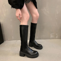 Autumn and Winter New Round Head Thick Sole Retro Heightening Mid-calf Boots with Velvet Warm and Comfortable Fashion Show Boots