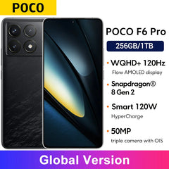 هاتف POCO F6 Pro Snapdragon 8 Gen 2 النسخة العالمية، شاشة AMOLED Flow مقاس 6.67 بوصة بدقة WQHD+ ومعدل تحديث 120 هرتز، وبطارية 5000 مللي أمبير في الساعة، وشحن فائق السرعة 120 واط