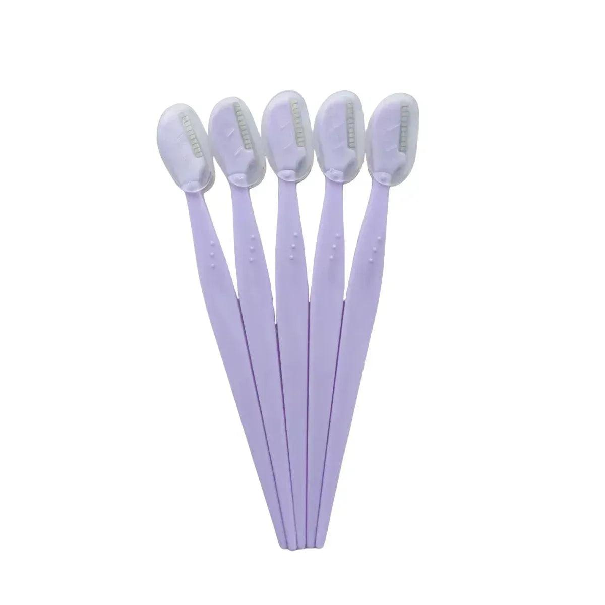 Set of disposable eyebrow trimmers with light purple handles and curved blade covers