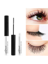 Mascara set with black tube, spoolie brush, and eye and eyeliner application swatches