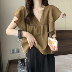 Ele Summer New Sle Women's irt Beautiful Soft Korean Sweet Fly Sve V-ne Top Polyester Fiber Casual Faion