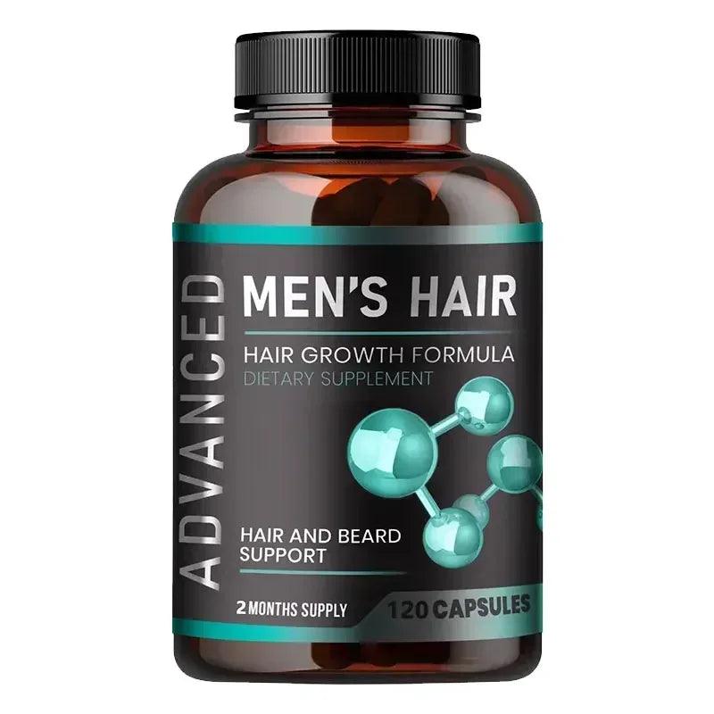 Men's hair growth supplement bottle, amber with black cap, 120 capsules close-up