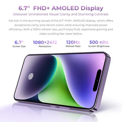 هاتف OUKITEL P1 الذكي فائق النحافة - Android 14 Helio G99 شاشة AMOLED مقاس 6.7 بوصة وتردد 120 هرتز وذاكرة وصول عشوائي (RAM) سعة 8 جيجابايت وذاكرة قراءة فقط (ROM) سعة 256 جيجابايت وكاميرا بدقة 50 ميجابكسل وبطارية 5150 مللي أمبير في الساعة وتقنية NFC