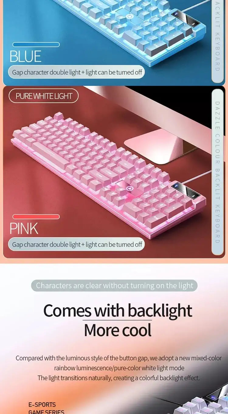K500 Pink Keyboard Mixed Color White Pink Keycaps 104 Keys Wired Gaming Keyboard for Laptop PC