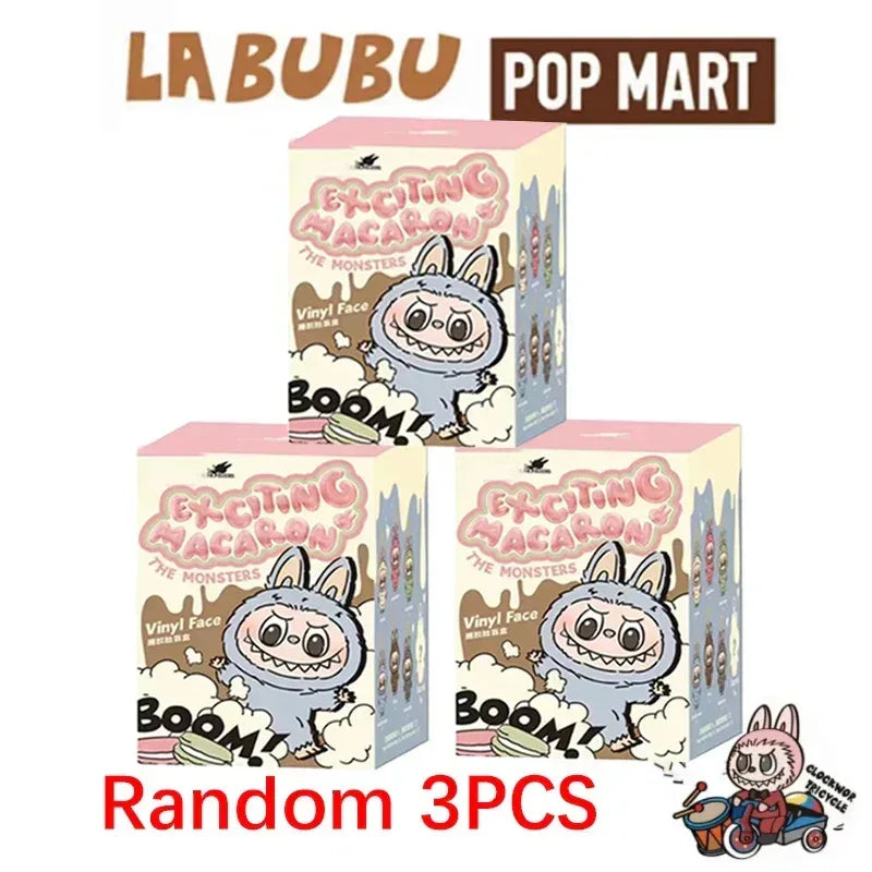 Three Exciting Macaron blind box cartons with rabbit vinyl face keychain dolls