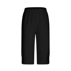 High-Waisted Elastic Seven-Foot Pants Women's Mid-Calf Trousers Base Layer Clothing with Button Detail